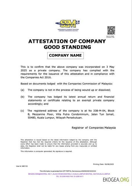 Attestation de Malaisie de la bonne réputation de l'entreprise Modèle Word et PDF